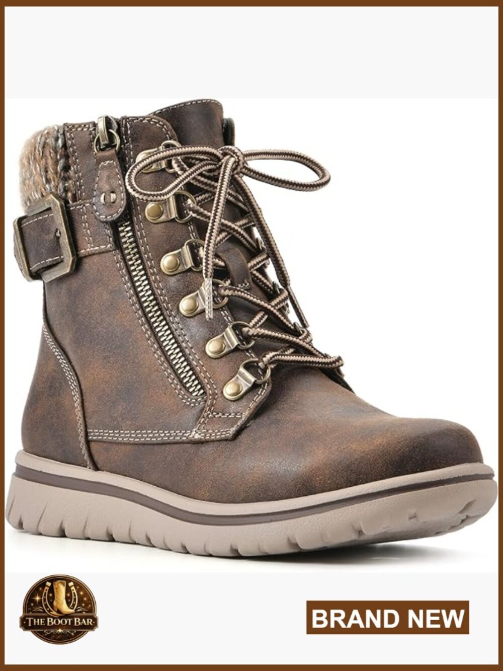Women's Cushioned Hiker Ankle Boots Lace Up with Zipper and Buckle
